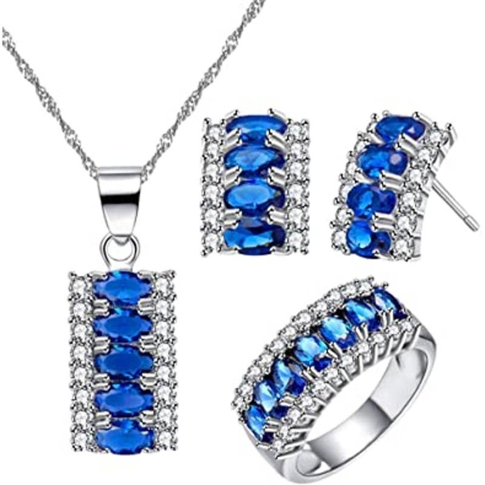 Sapphire Crystal Necklace Earring Ring Set CZ Cubic Rhinestone Necklace Ring Ear